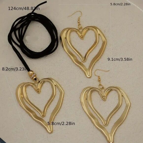 Bohemian Style Double Hollow Heart Earrings and Pendant Set - Picture 3 of 3